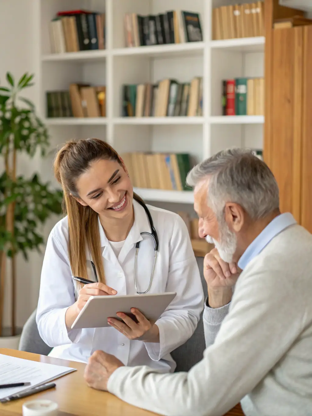 A friendly doctor in a white coat smiling and consulting with a senior patient in a well-lit office, emphasizing compassionate care within the HUMAN COMPASS MSO network.