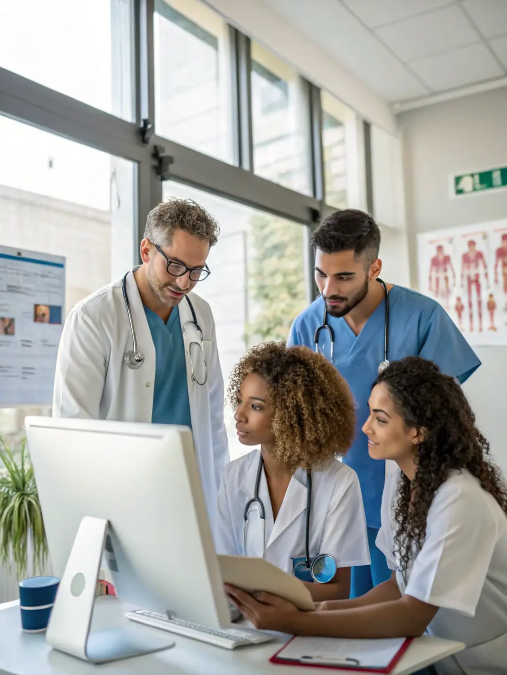 A diverse group of medical professionals are working efficiently in a well-equipped urgent care facility, attending to patients with immediate needs.