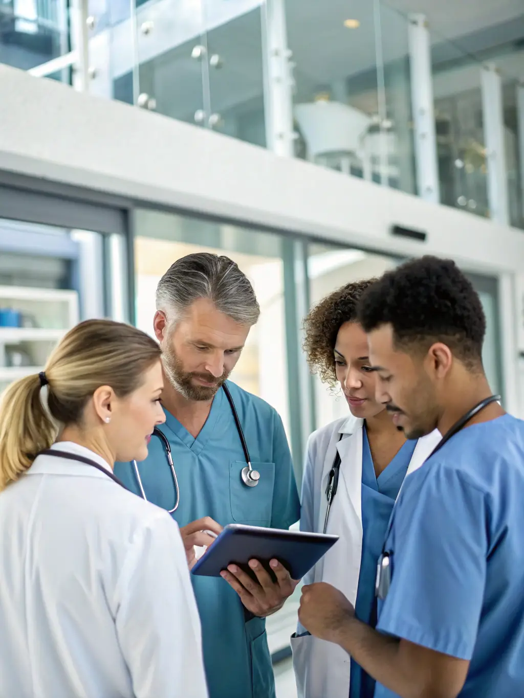 A group of diverse specialists collaborating on a patient case, highlighting the collaborative approach within the HUMAN COMPASS MSO network.