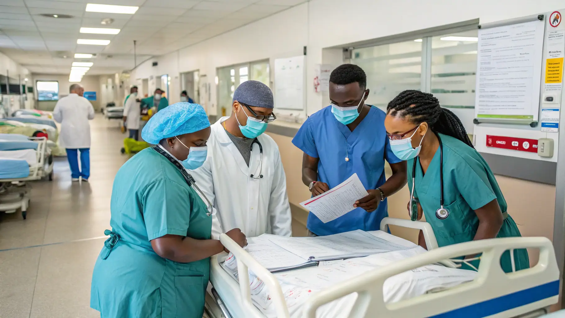 A diverse group of healthcare providers, including doctors, nurses, and specialists, collaborating in a modern medical facility.