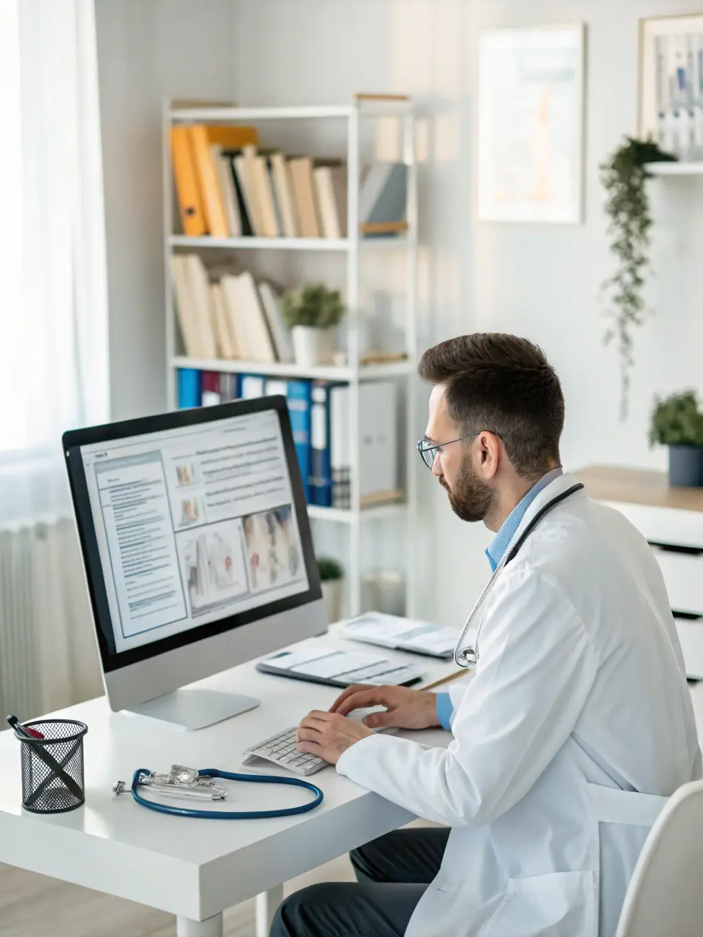 A certified medical professional reviewing patient records in a clean and organized office environment within the HUMAN COMPASS MSO network.
