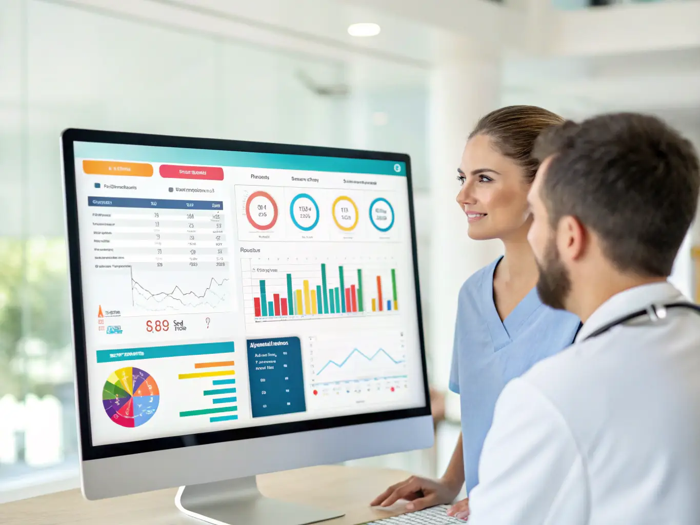 A digital dashboard displaying utilization metrics and patient data, illustrating HUMAN COMPASS MSO's utilization management services, with a focus on efficiency and data-driven decision-making.