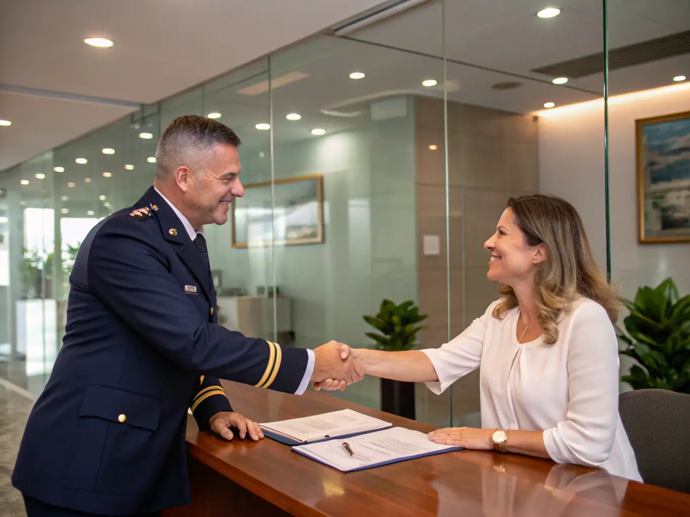A professional in a suit shaking hands with a doctor in a white coat, symbolizing successful contract negotiation between HUMAN COMPASS MSO and a healthcare provider, set against a backdrop of a modern office.