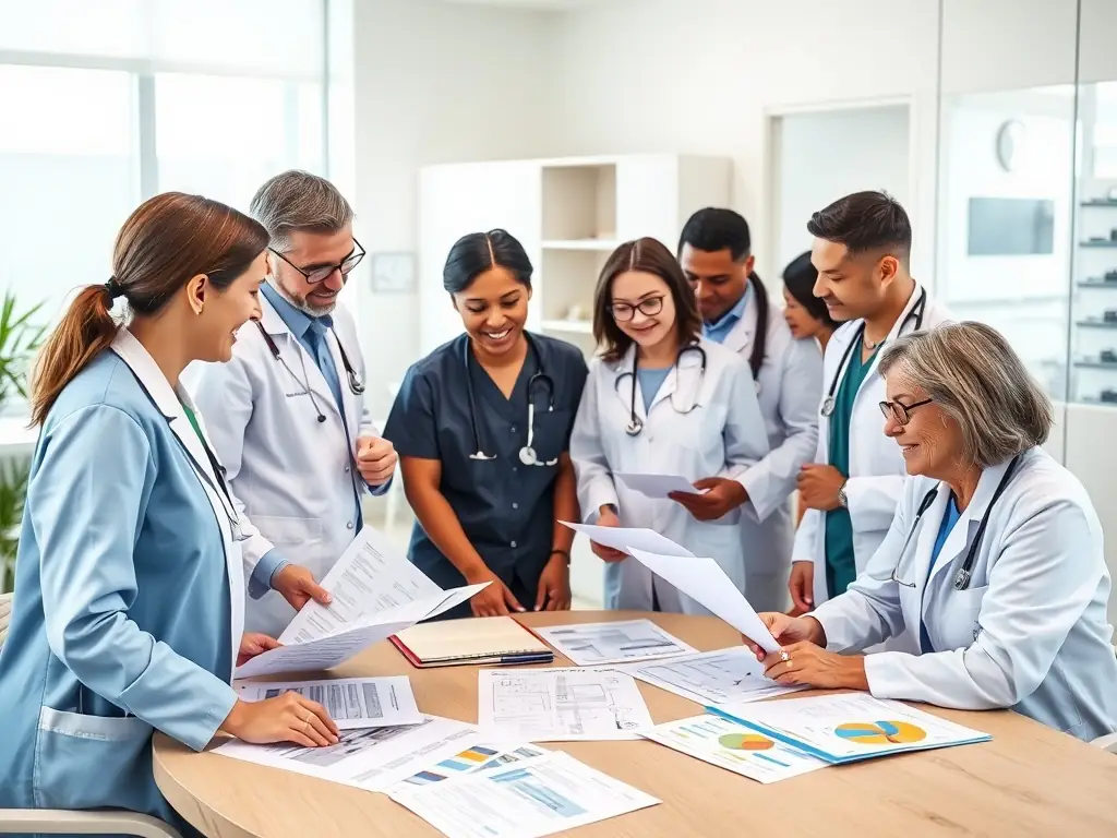 A diverse team of healthcare professionals collaborating in a modern office setting, representing HUMAN COMPASS MSO's commitment to integrated care and comprehensive support services.